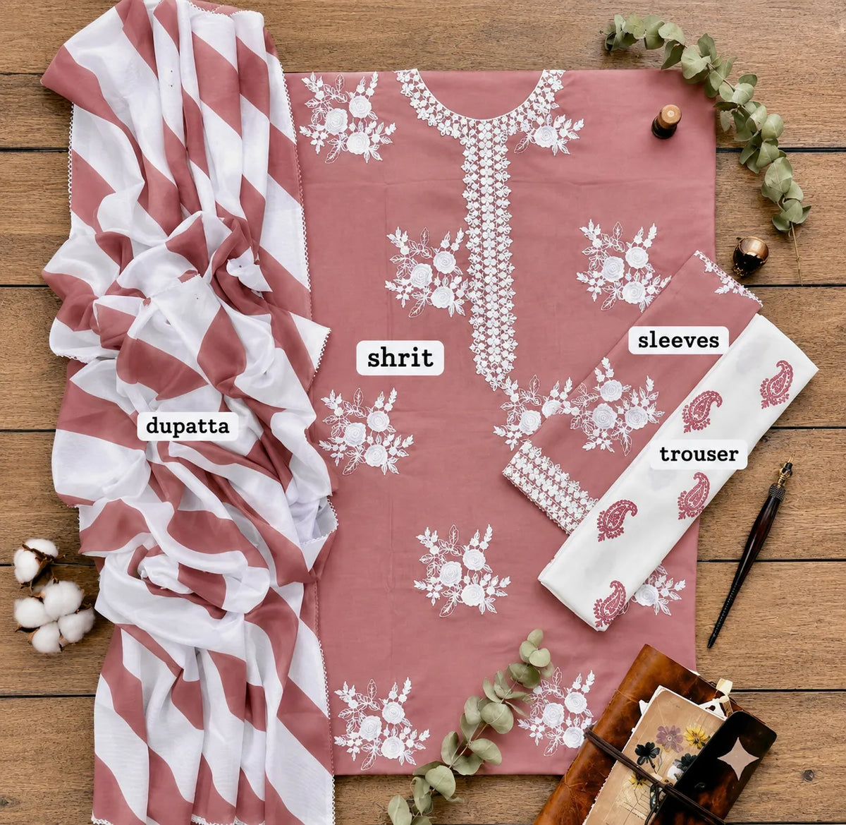 Dusty Pink Floral Embroidered 3-Piece Lawn Suit