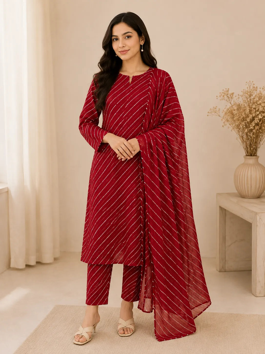 Maroon Striped 3-Piece Lawn Suit