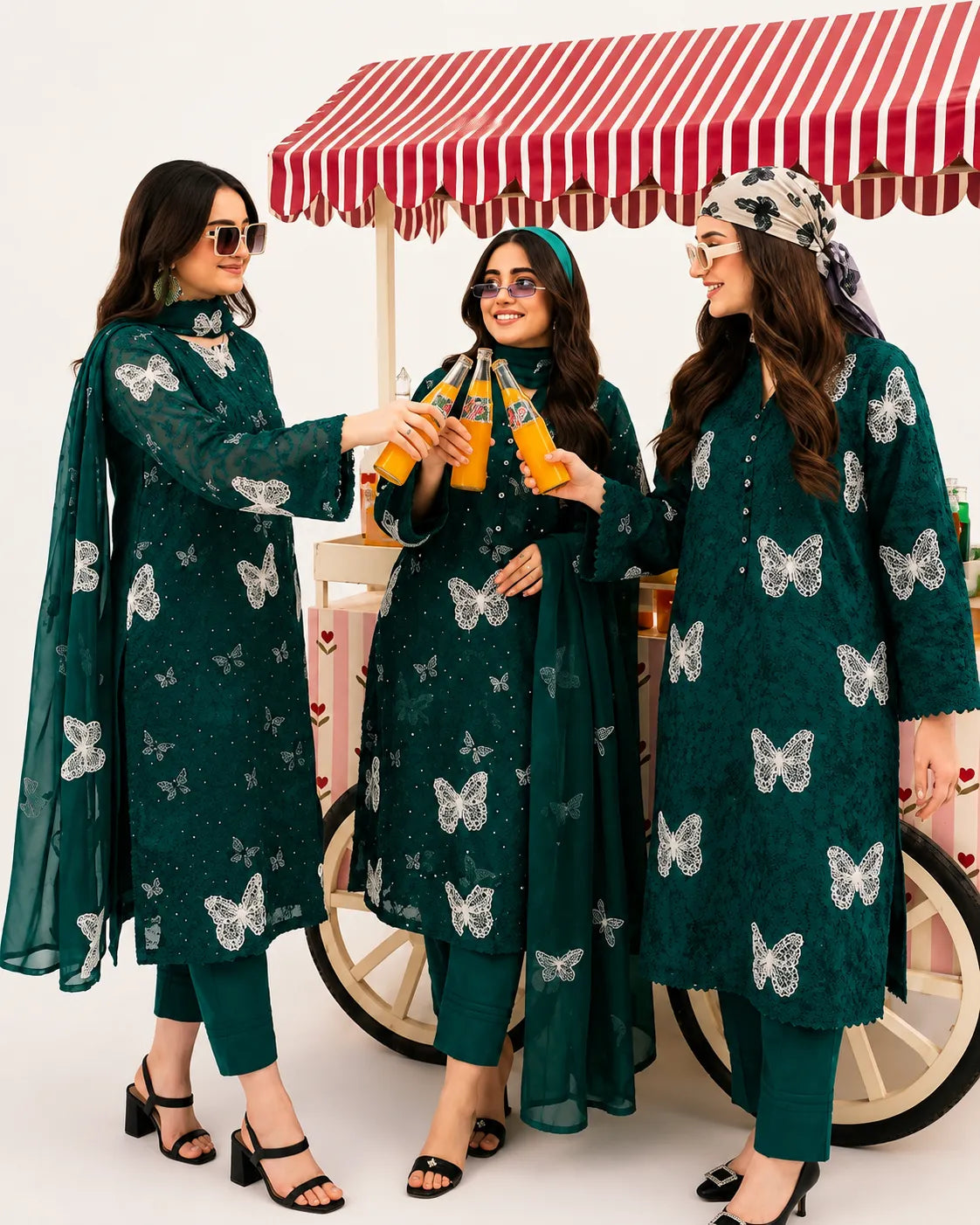 Emerald Green Butterfly Embroidered 3-Piece Lawn Suit
