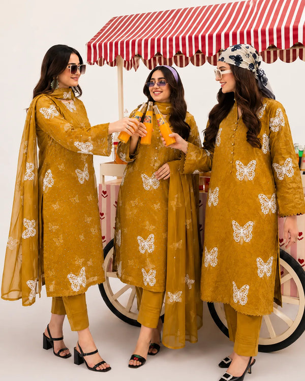 Mustard Yellow Butterfly Embroidered 3-Piece Lawn Suit