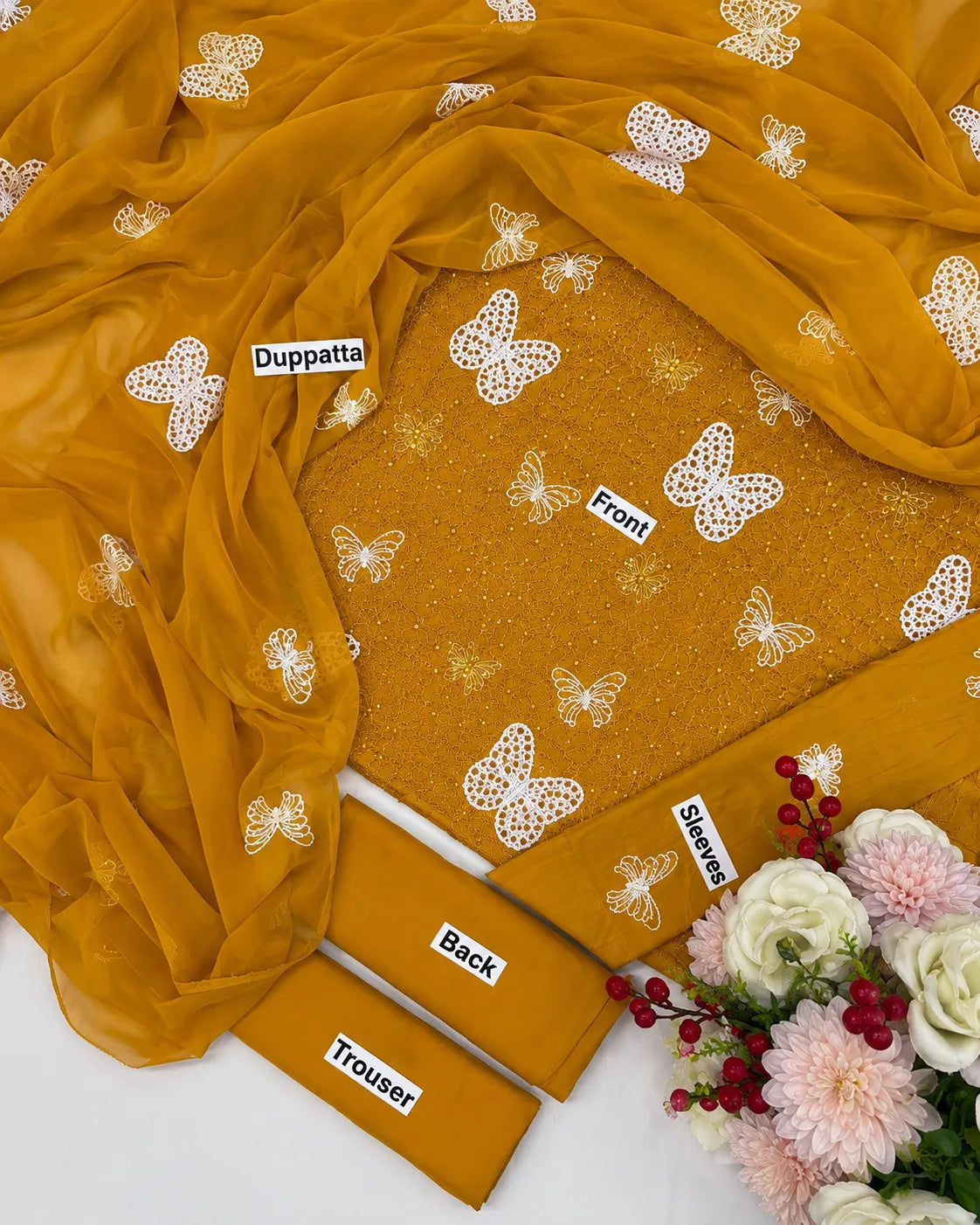 Mustard Yellow Butterfly Embroidered 3-Piece Lawn Suit