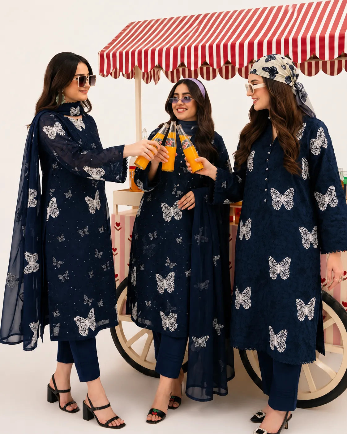 Navy Blue Butterfly Embroidered 3-Piece Lawn Suit