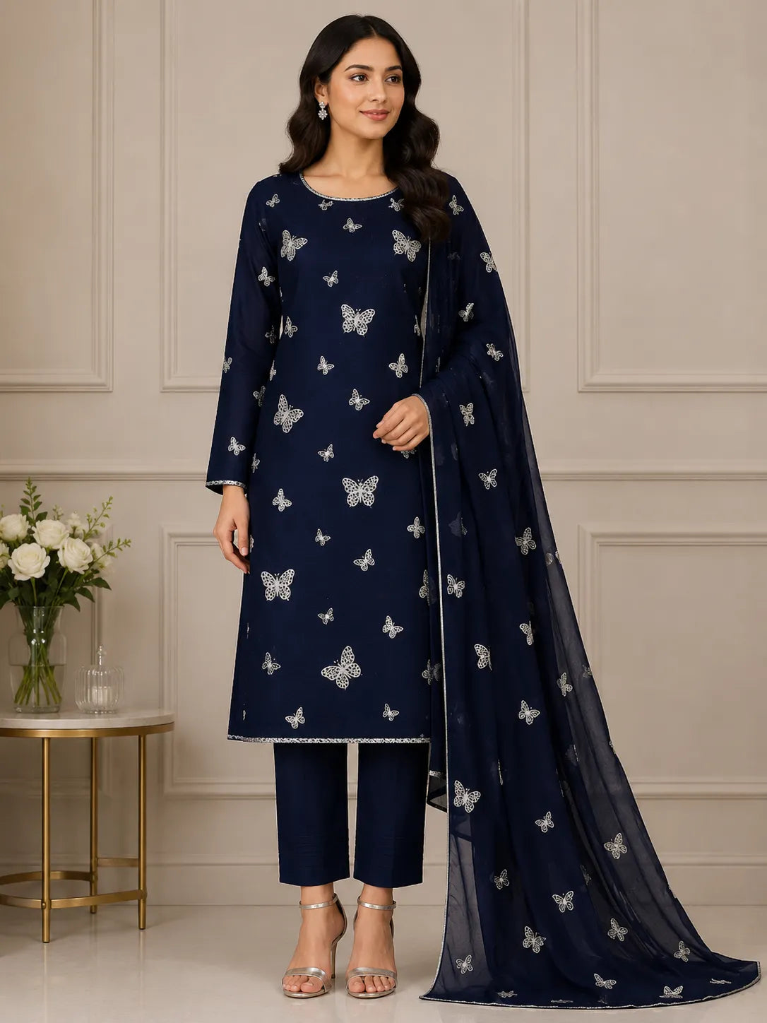 Navy Blue Butterfly Embroidered 3-Piece Lawn Suit