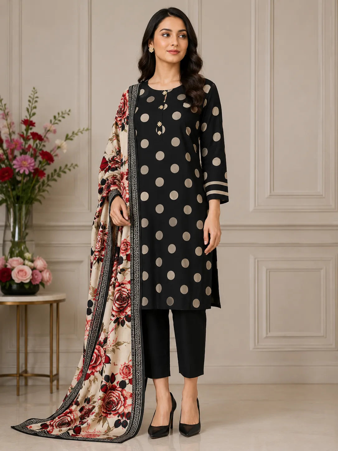 Black Rose Print 3-Piece Suit