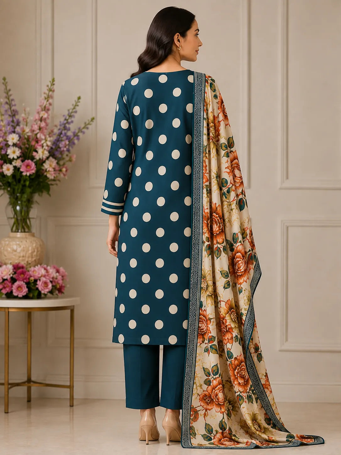 Teal Floral Print 3-Piece Suit