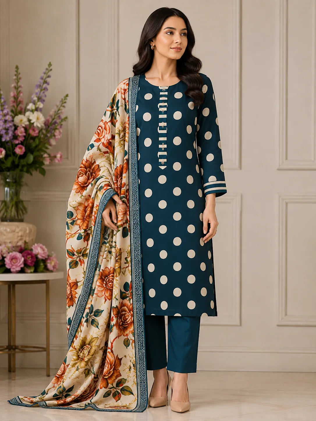 Teal Floral Print 3-Piece Suit