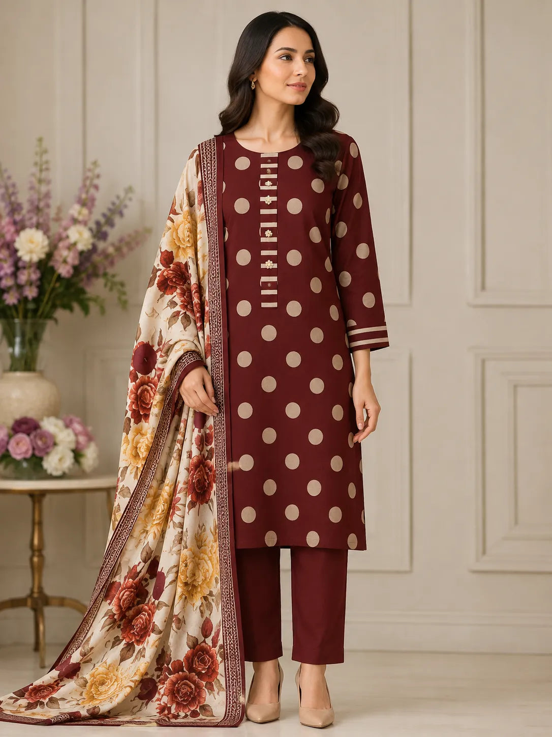 Burgundy Floral 3-Piece Suit