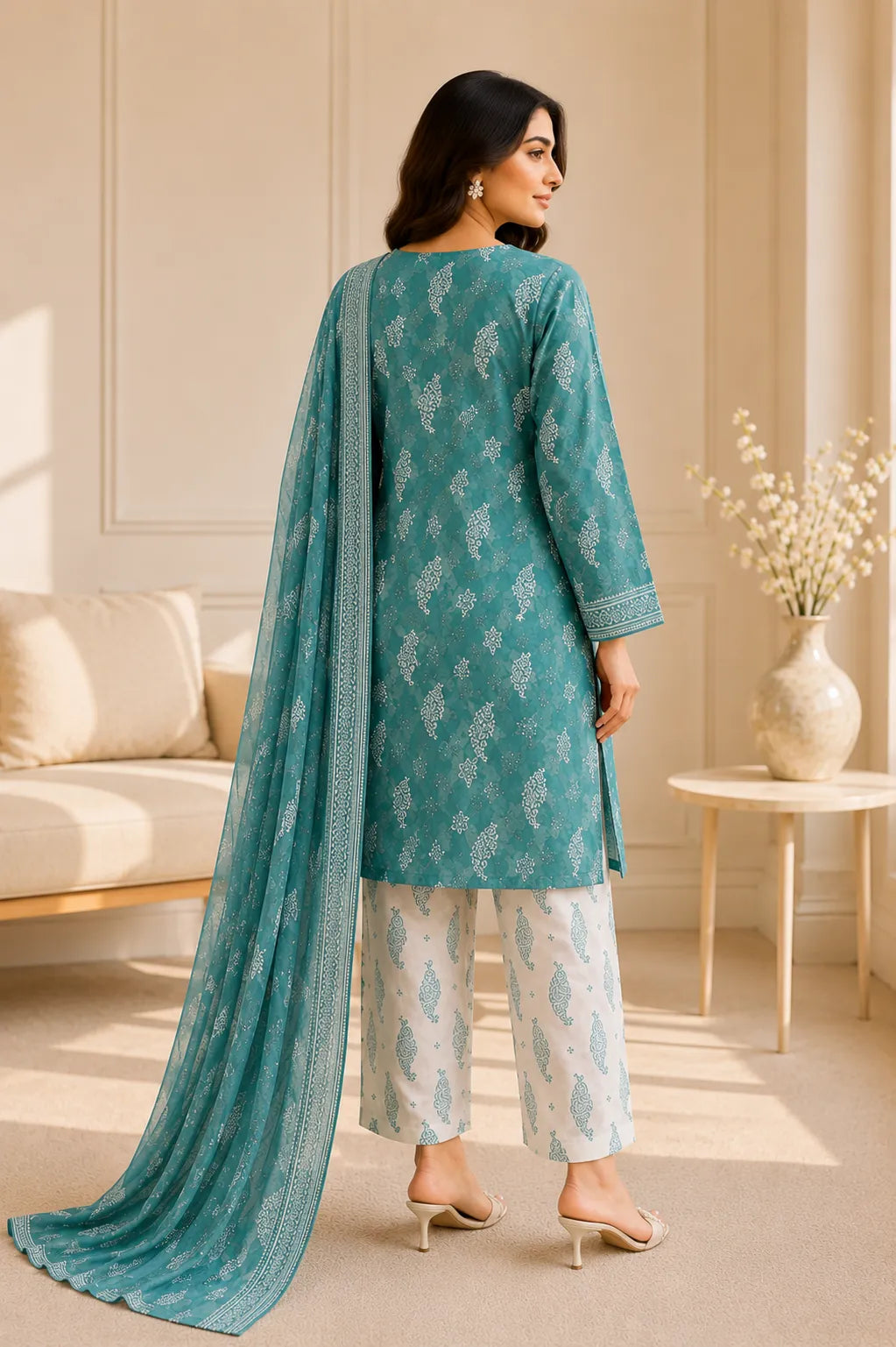Original 3 Piece Premium Airjet Lawn Suit – Teal Green Digital Printed Unstitched Collection