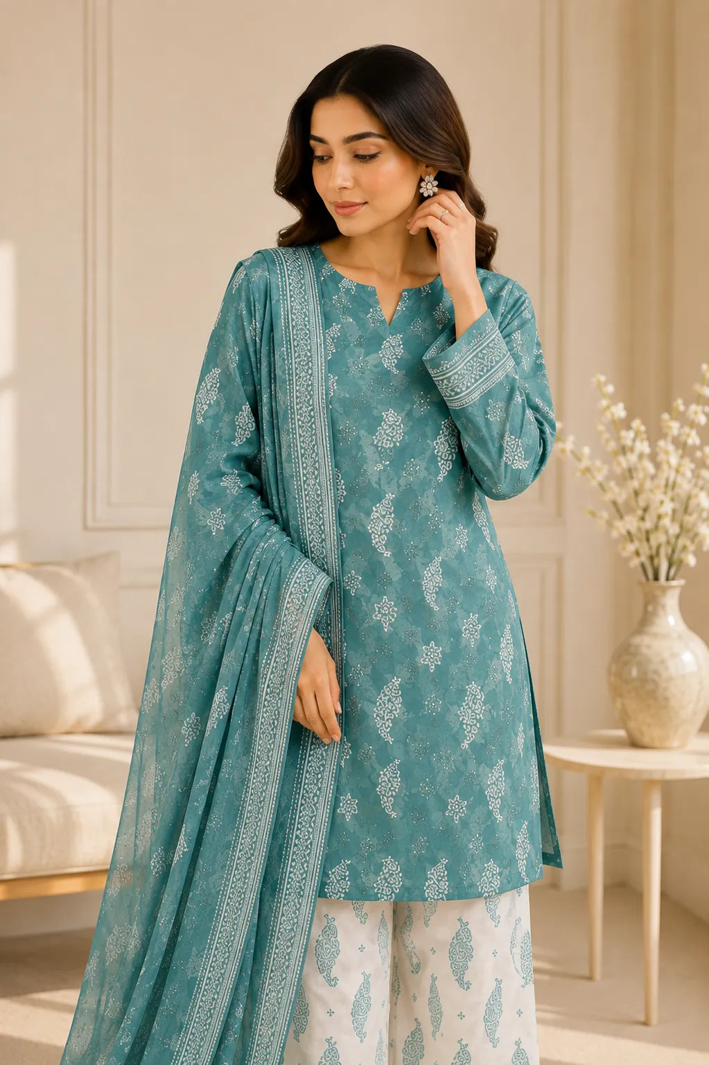 Original 3 Piece Premium Airjet Lawn Suit – Teal Green Digital Printed Unstitched Collection