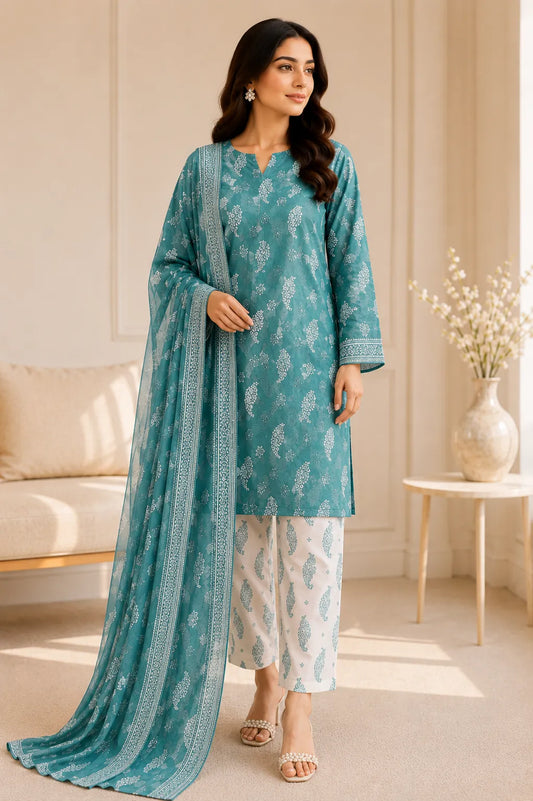Original 3 Piece Premium Airjet Lawn Suit – Teal Green Digital Printed Unstitched Collection