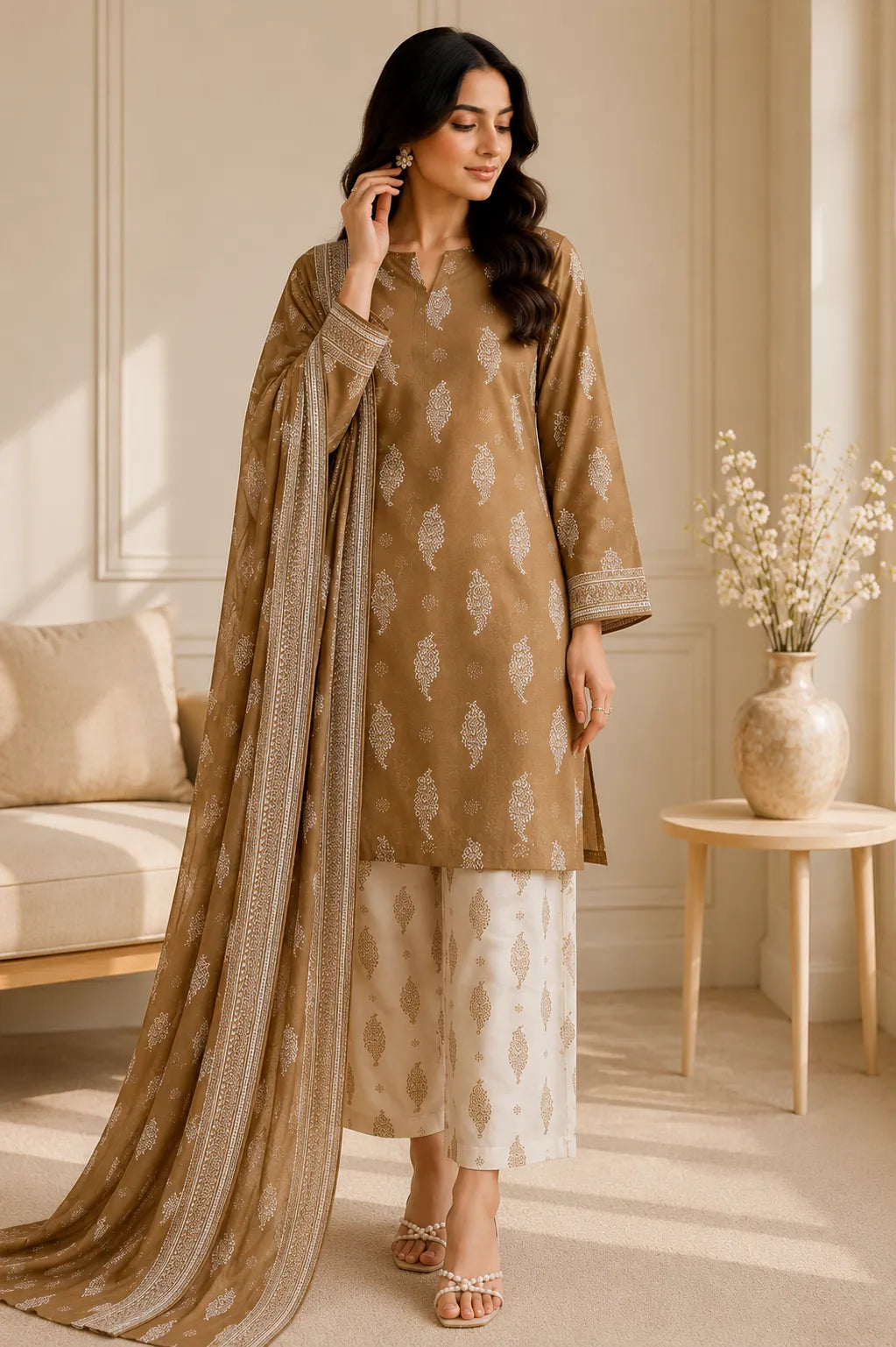 Original 3 Piece Premium Airjet Lawn Suit – Mocha Brown Digital Printed Collection