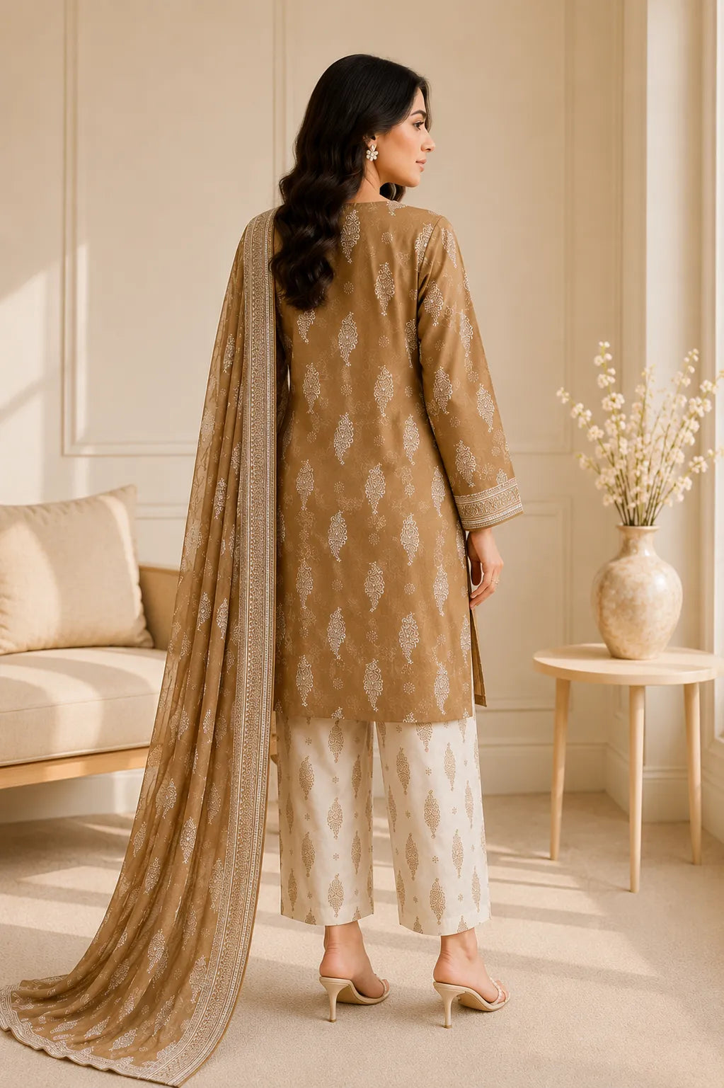 Original 3 Piece Premium Airjet Lawn Suit – Mocha Brown Digital Printed Collection