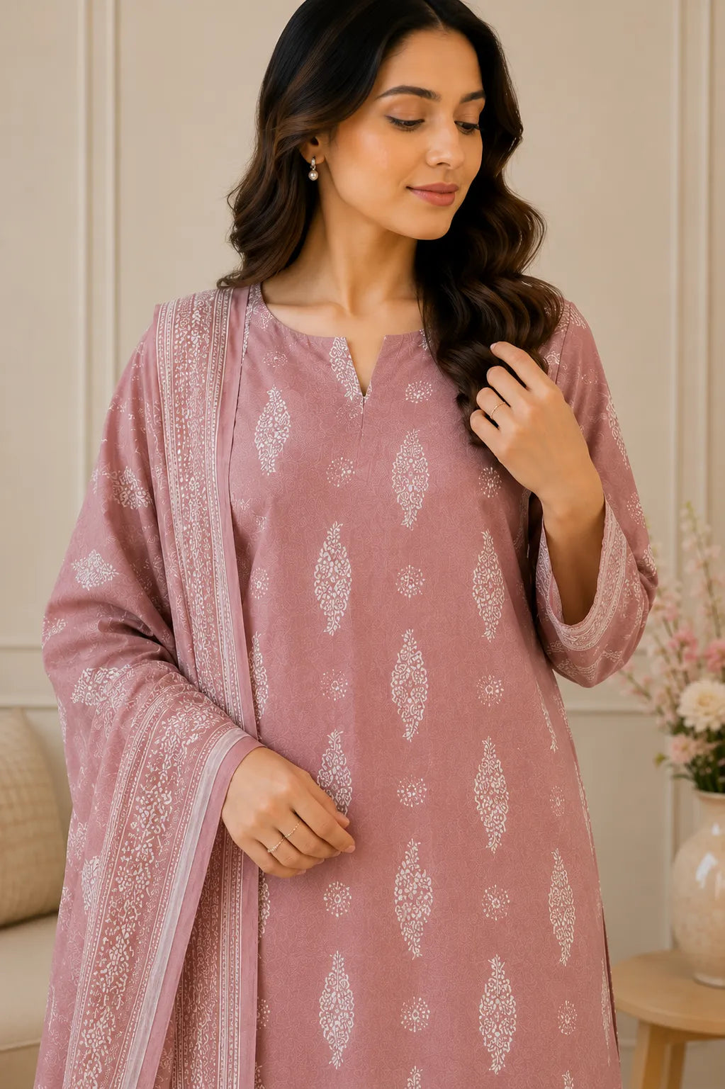 Original 3 Piece Premium Airjet Lawn Suit – Dusty Rose Digital Printed Collection