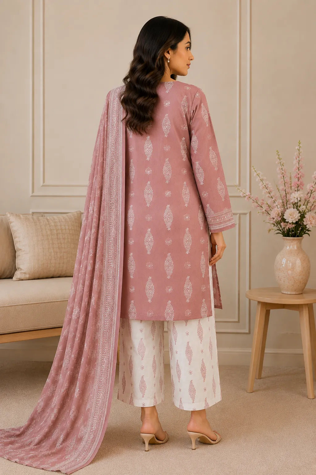 Original 3 Piece Premium Airjet Lawn Suit – Dusty Rose Digital Printed Collection