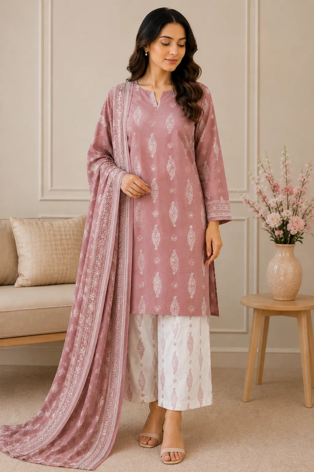 Original 3 Piece Premium Airjet Lawn Suit – Dusty Rose Digital Printed Collection