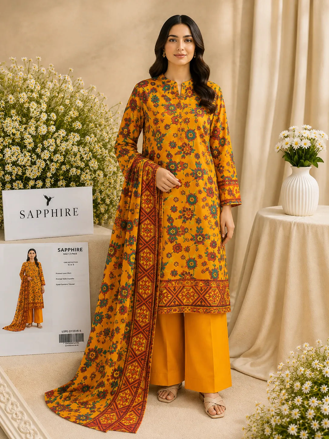 Sapphire 3-Piece Printed Lawn Suit – Premium Unstiched Collection