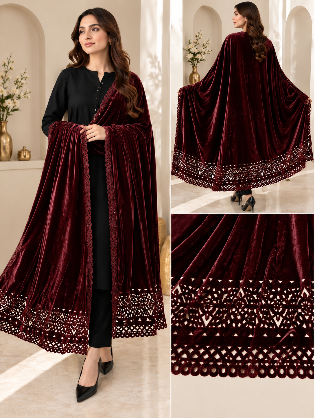 Premium Velvet Shawl – Embroidered Cutwork Border | Luxury Winter Collection
