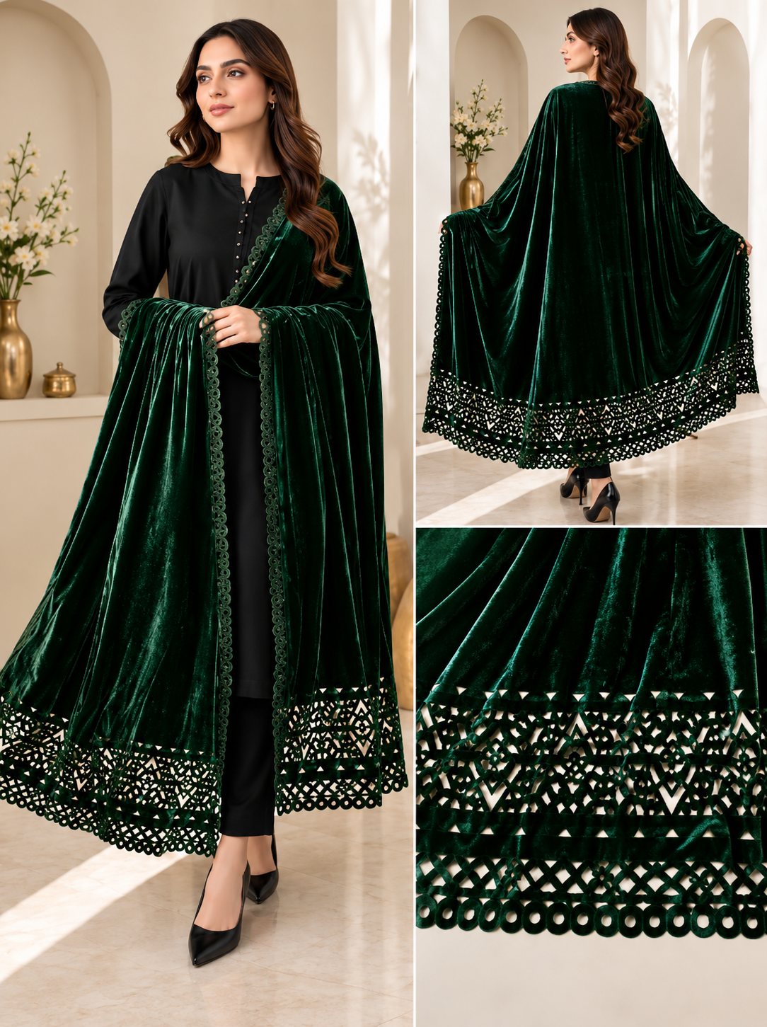 Premium Velvet Shawl – Embroidered Cutwork Border | Luxury Winter Collection