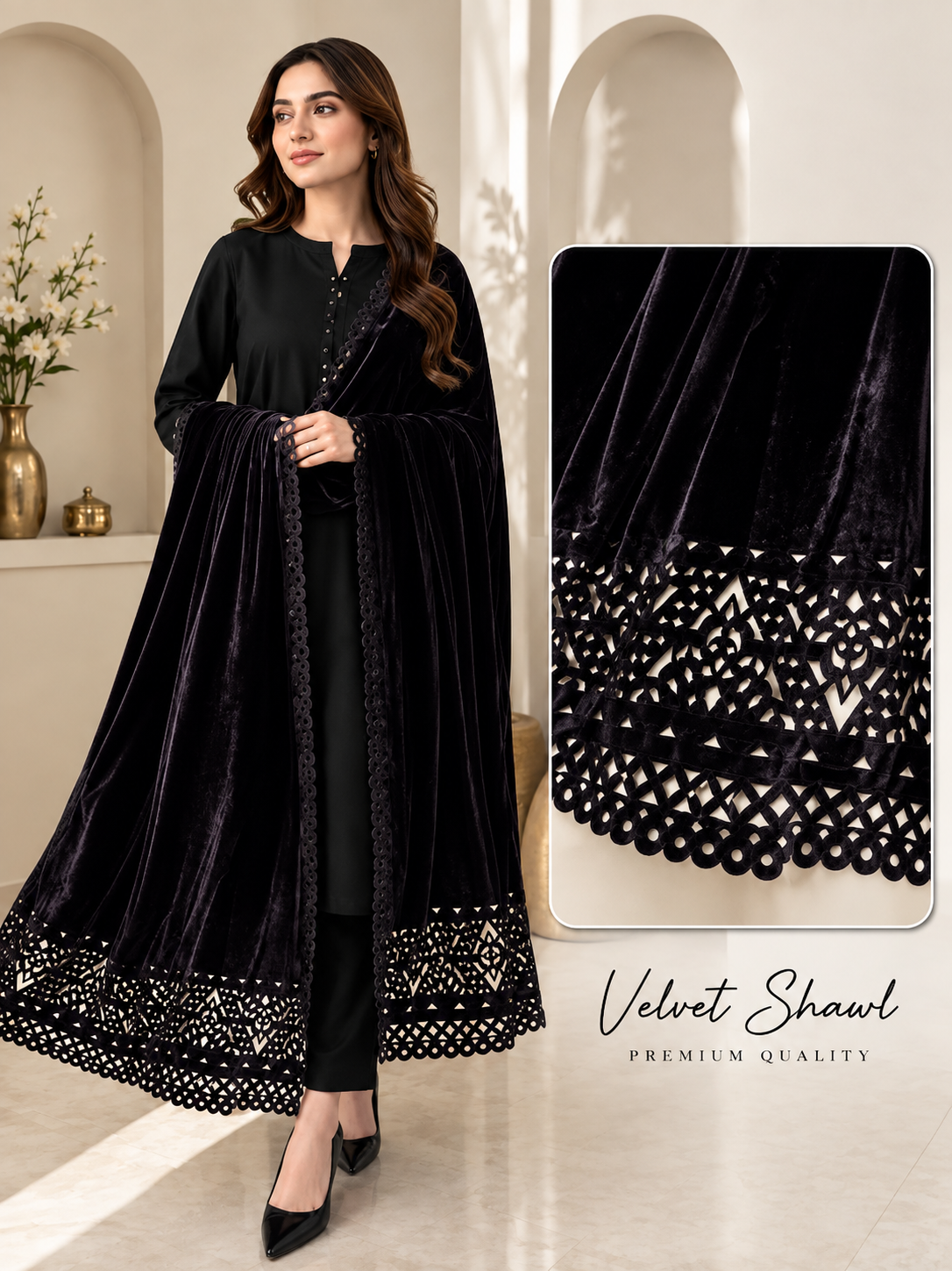Premium Velvet Shawl – Embroidered Cutwork Border | Luxury Winter Collection