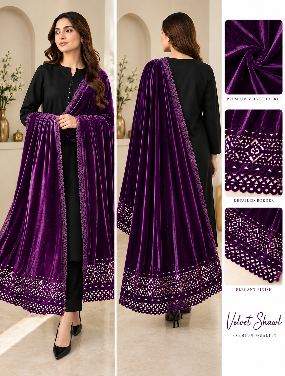 Premium Velvet Shawl – Embroidered Cutwork Border | Luxury Winter Collection