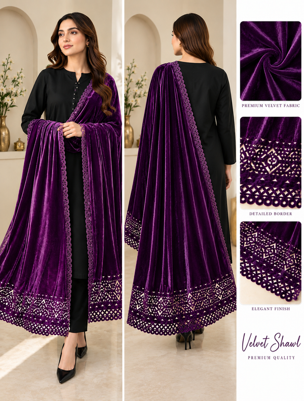 Premium Velvet Shawl – Embroidered Cutwork Border | Luxury Winter Collection