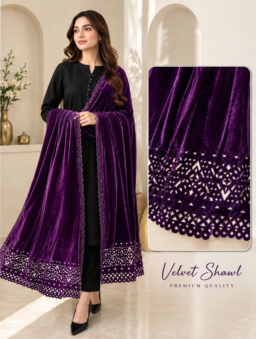 Premium Velvet Shawl – Embroidered Cutwork Border | Luxury Winter Collection